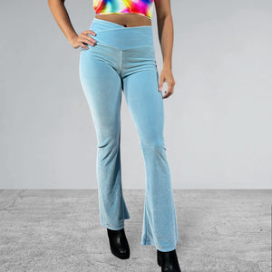 Crossover V-Waist Bootcut Flare Pants - Light Blue Velvet