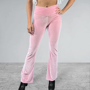 Crossover V-Waist Bootcut Flare Pants - Light Pink Velvet