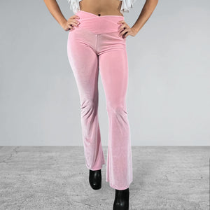 Crossover V-Waist Bootcut Flare Pants - Light Pink Velvet