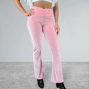 Crossover V-Waist Bootcut Flare Pants - Light Pink Velvet