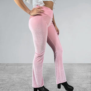 Crossover V-Waist Bootcut Flare Pants - Light Pink Velvet