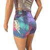 Glow-in-the-Dark Roller Derby Shorts - Lightning Rainbow Holographic High-Waisted Booty Shorts