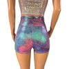 Glow-in-the-Dark Roller Derby Shorts - Lightning Rainbow Holographic High-Waisted Booty Shorts