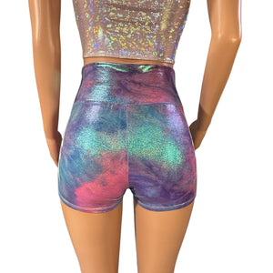 Glow-in-the-Dark Roller Derby Shorts - Lightning Rainbow Holographic High-Waisted Booty Shorts