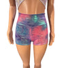 Glow-in-the-Dark Roller Derby Shorts - Lightning Rainbow Holographic High-Waisted Booty Shorts