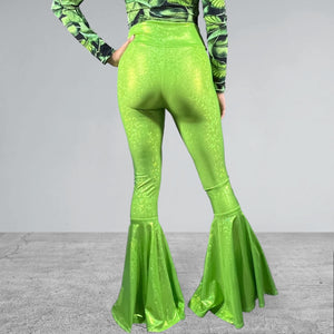 Lime Green Bell Bottoms | High Waist Flares in Neon Green Holographic