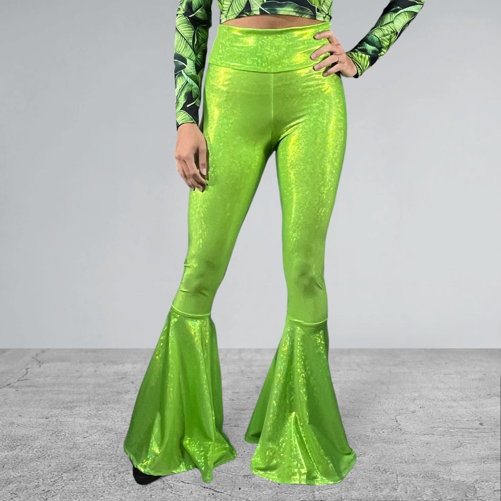 Lime Green Bell Bottoms | High Waist Flares in Neon Green Holographic