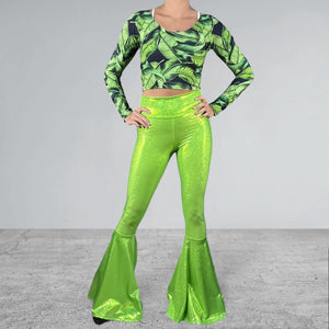 Lime Green Bell Bottoms | High Waist Flares in Neon Green Holographic