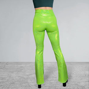 Crossover V-Waist Bootcut Flare Pants - Lime Shattered Glass Holographic - Peridot Clothing