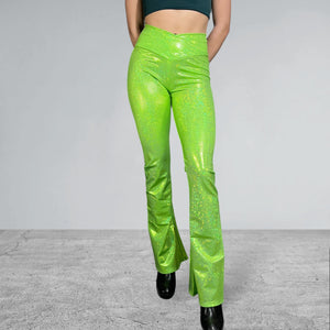Crossover V-Waist Bootcut Flare Pants - Lime Shattered Glass Holographic - Peridot Clothing