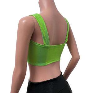 Wide Strap Square Neckline Crop Top - Lime Holographic Shattered Glass - Peridot Clothing