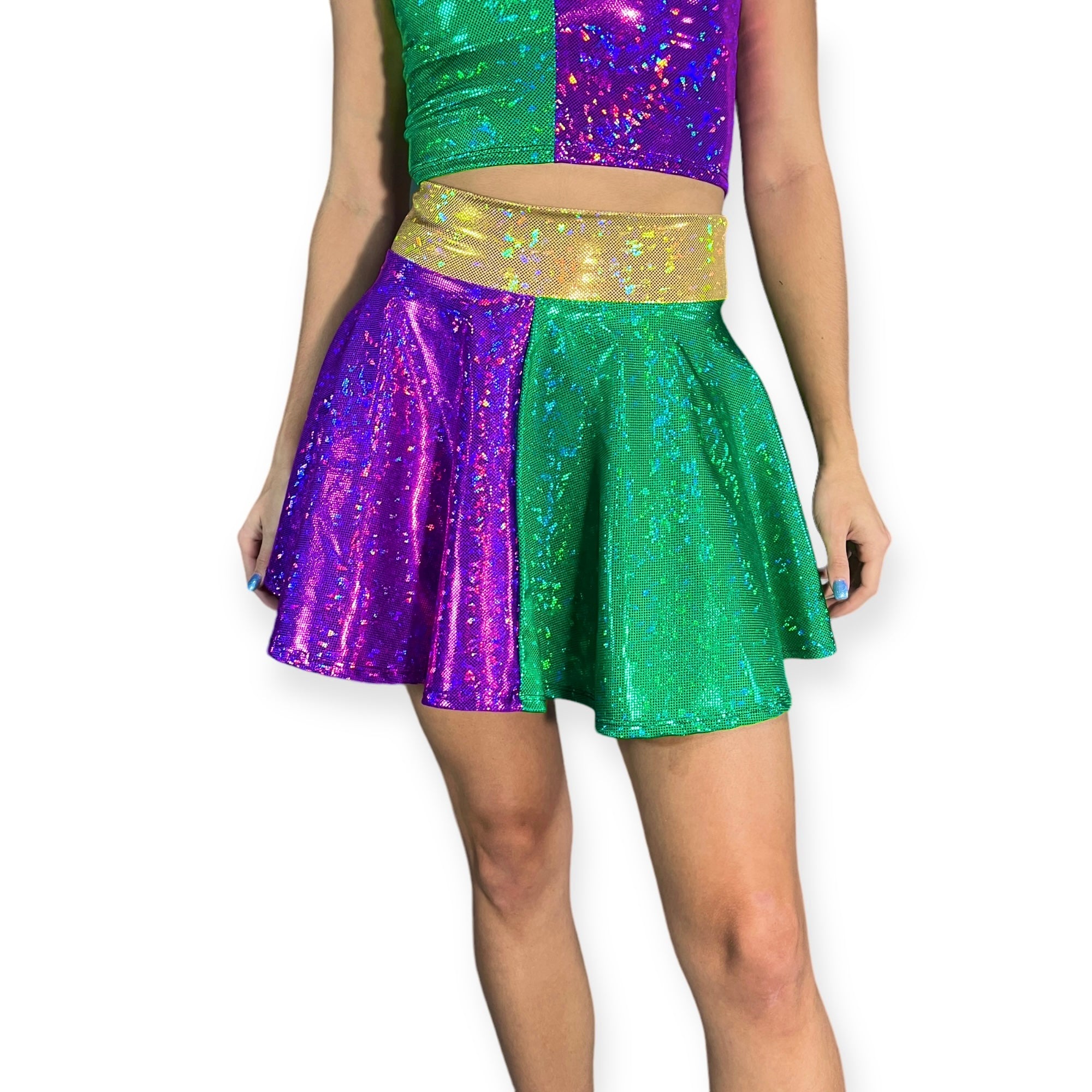 SALE - XS Skater Skirt - Mardi Gras Purple, Green, and Gold Holographic XLarge SALE - XS Skater Skirt - Mardi Gras Purple, Green, and Gold Holographic XLarge