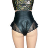 Ruffle Hot Pants High-Waisted Cheeky Bikini in Black Matte Metallic Spandex w/Vixen Mesh - Peridot Clothing