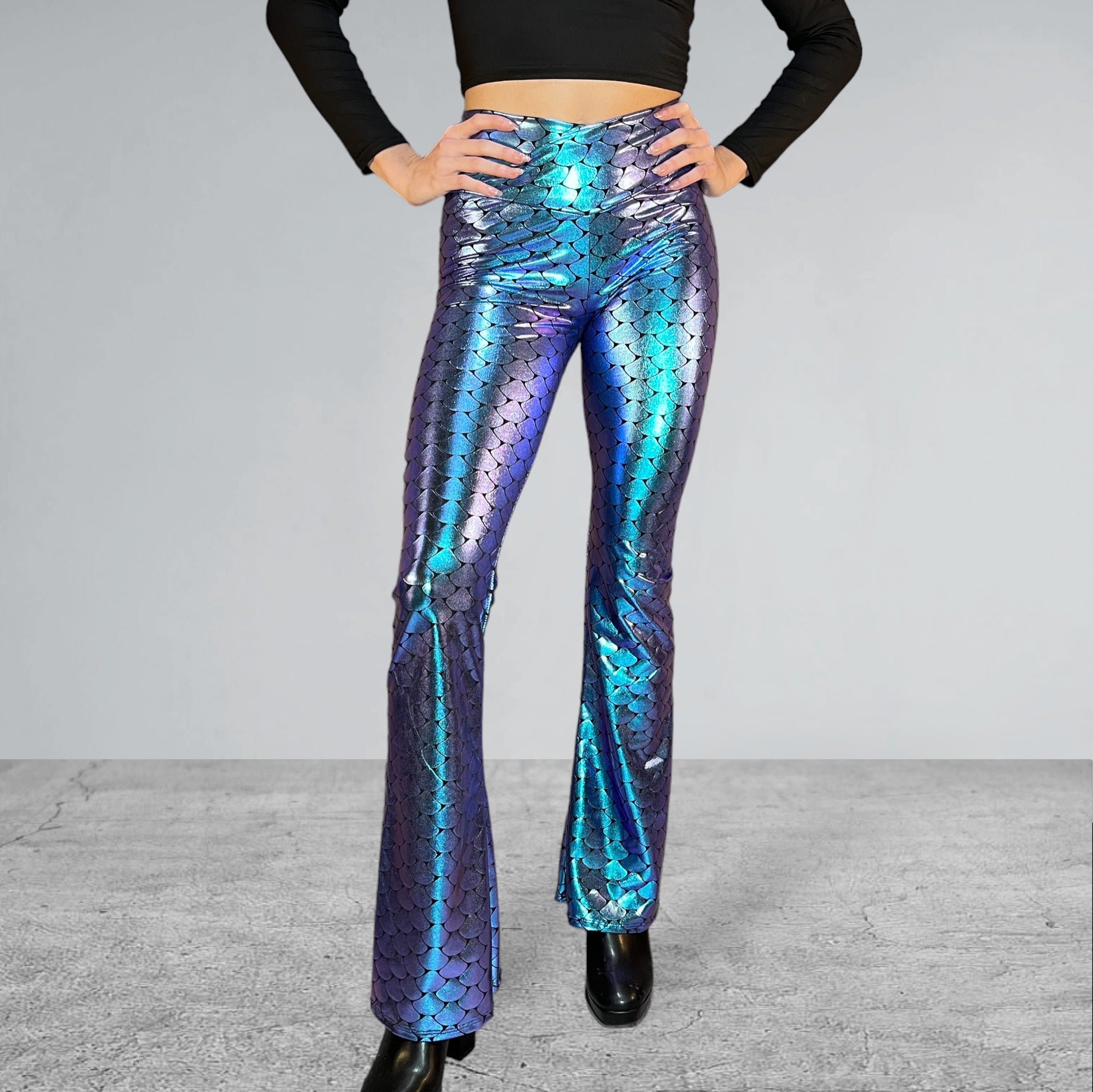 Crossover V-Waist Bootcut Flare Pants - Mermaid Holographic