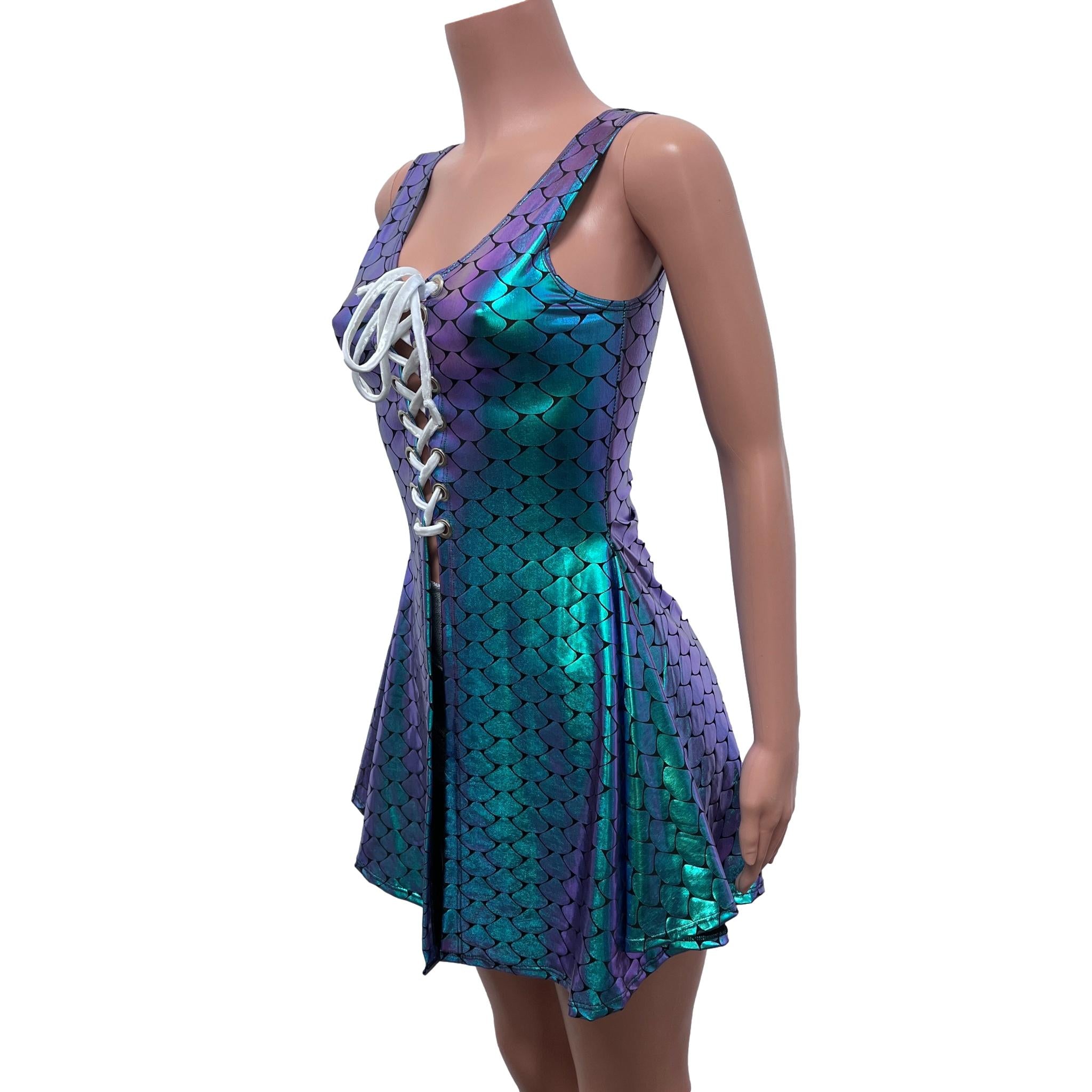 Lace-Up Open-Front Dress - Mermaid Holographic Peridot Clothing Lace-Up Open-Front Dress - Mermaid Holographic Peridot Clothing