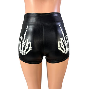 Middle Finger Shorts Glow-in-the-Dark | Funny Booty Shorts | Skeleton Goth Outfit Roller Derby | Halloween | Flip the Bird Rave Shorts UV