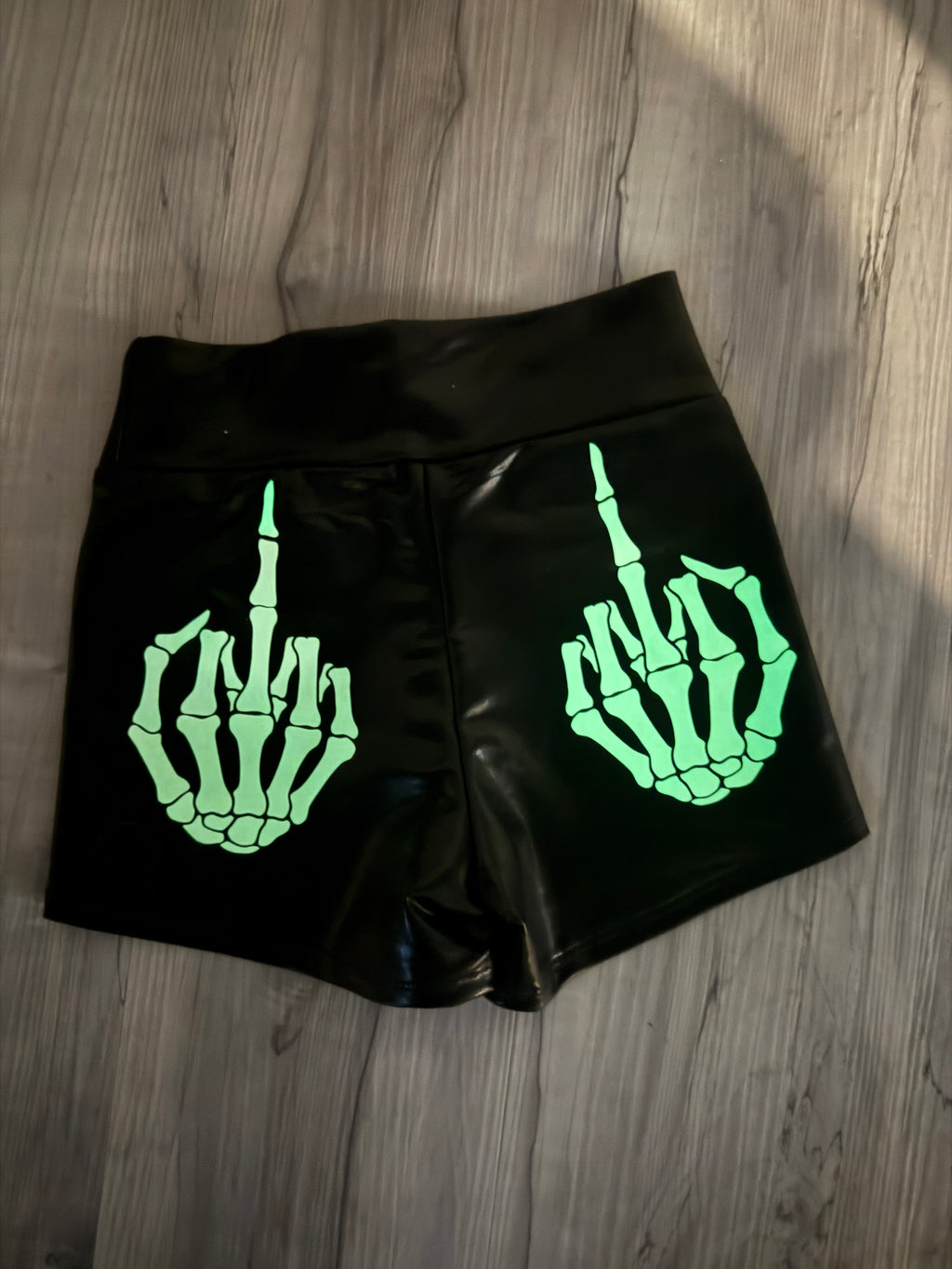 Middle Finger Shorts Glow-in-the-Dark | Funny Booty Shorts | Skeleton Goth Outfit Roller Derby | Halloween | Flip the Bird Rave Shorts UV