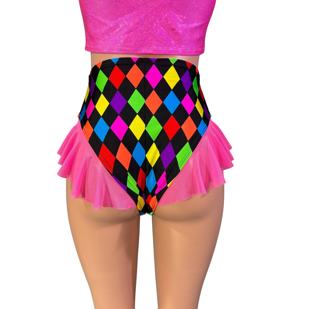 Ruffle Hot Pants High-Waisted Cheeky Bikini in Neon Diamond Harlequin