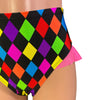 Ruffle Hot Pants High-Waisted Cheeky Bikini in Neon Diamond Harlequin