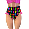 Ruffle Hot Pants High-Waisted Cheeky Bikini in Neon Diamond Harlequin