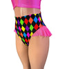 Ruffle Hot Pants High-Waisted Cheeky Bikini in Neon Diamond Harlequin