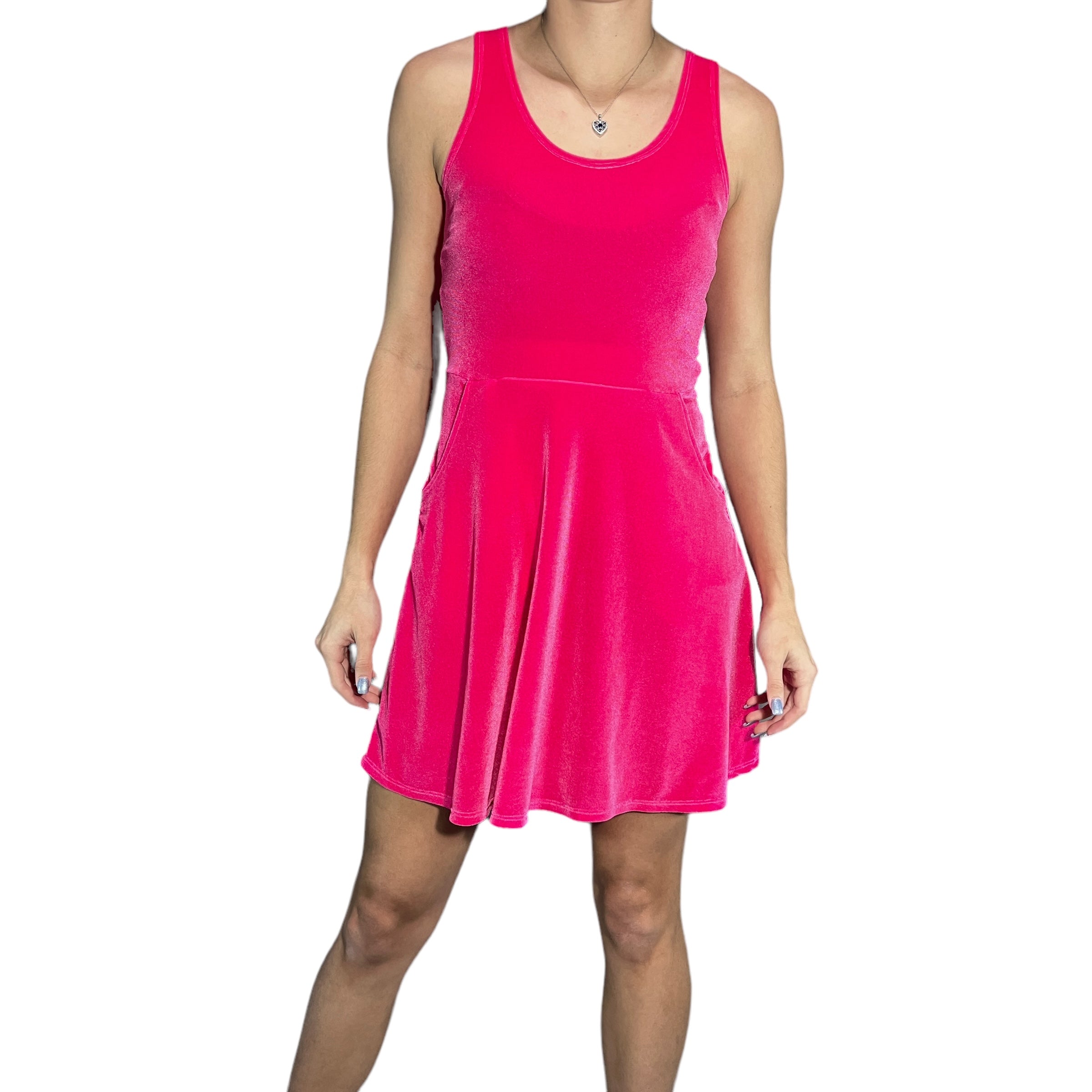 Neon Pink Velvet A-line Mini Dress w/Pockets Large
