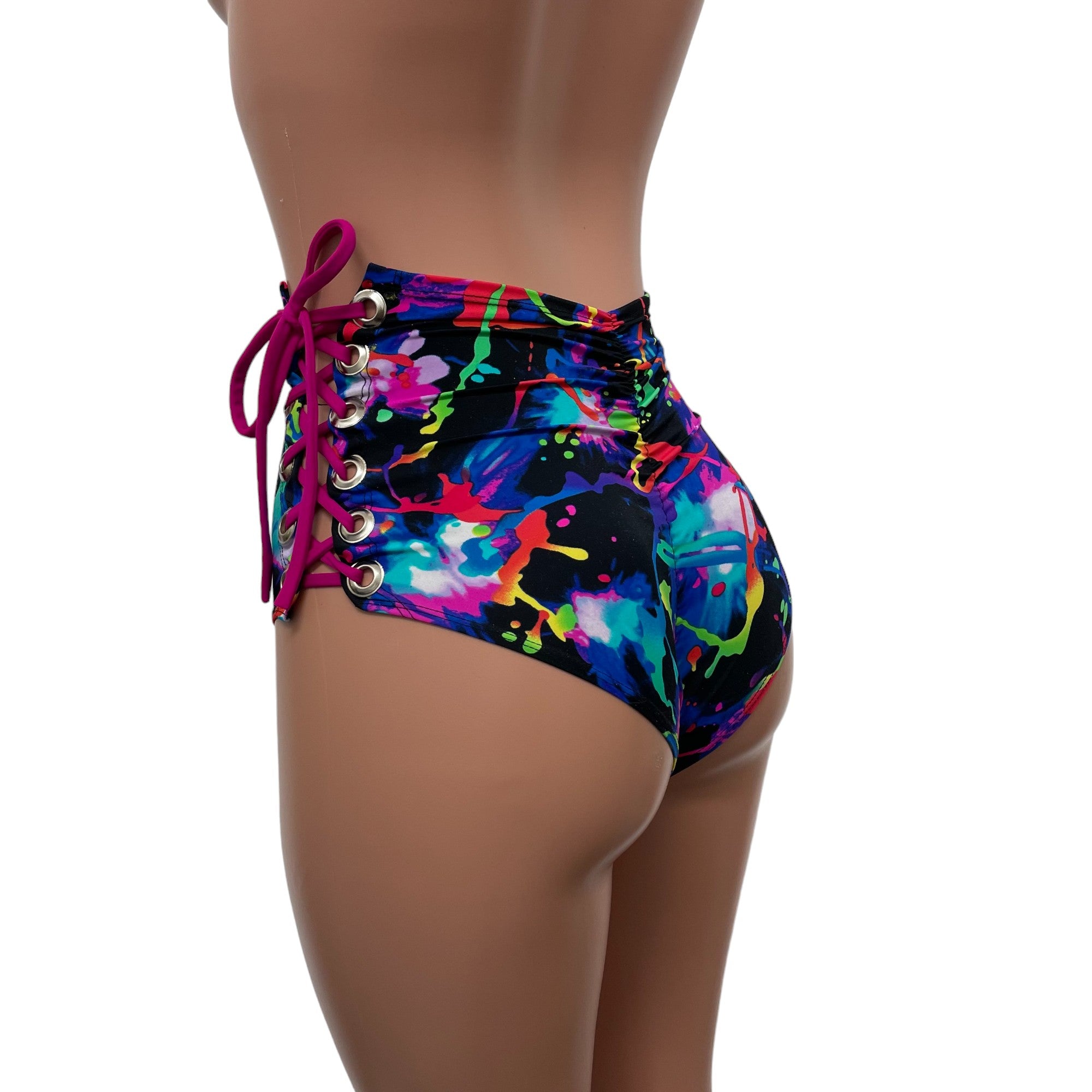 Lace-Up High Waist Scrunch Bikini Neon Splatter Peridot Clothing