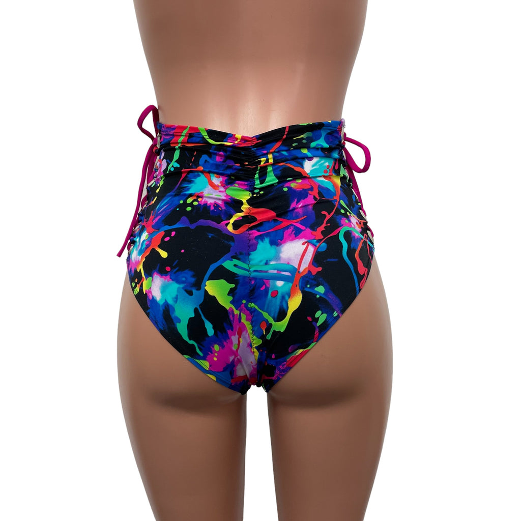 Lace-Up High Waist Scrunch Bikini - Neon Splatter