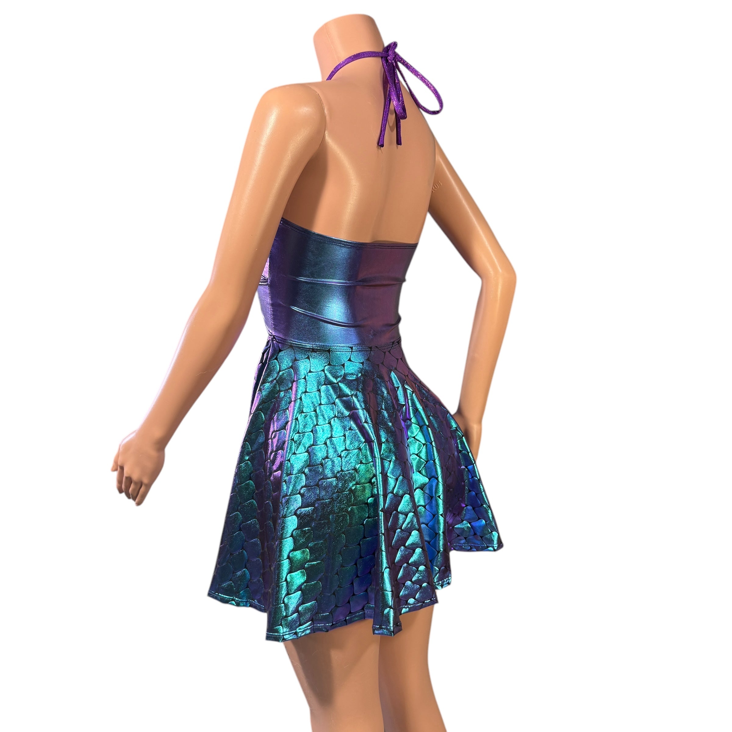 Halter Skater fit n flare X-String Dress in Oil Slick Holographic & Mermaid Medium Halter Skater fit n flare X-String Dress in Oil Slick Holographic & Mermaid Medium