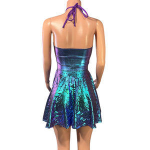 Halter Skater fit n flare X-String Dress in Oil Slick Holographic & Mermaid