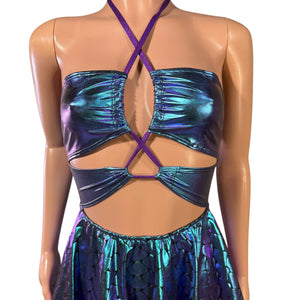 Halter Skater fit n flare X-String Dress in Oil Slick Holographic & Mermaid