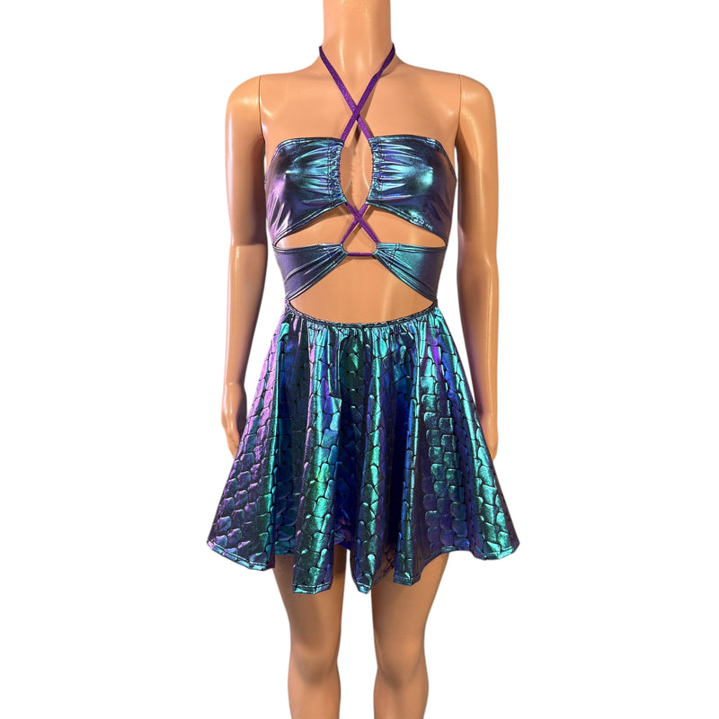 Halter Skater fit n flare X-String Dress in Oil Slick Holographic & Mermaid