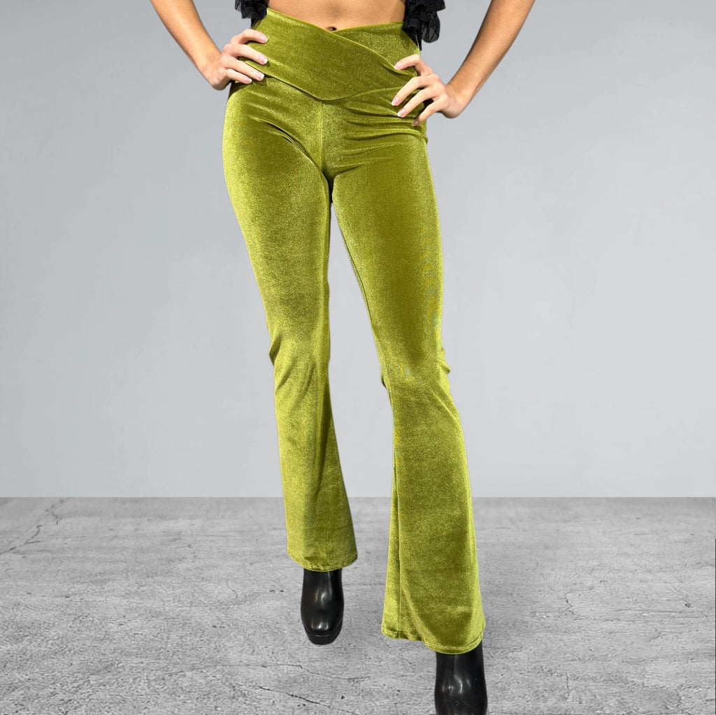 Crossover V-Waist Bootcut Flare Pants - Olive Green Velvet