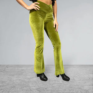 Crossover V-Waist Bootcut Flare Pants - Olive Green Velvet