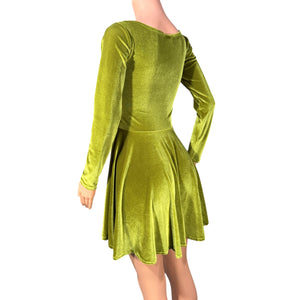 Olive Green Velvet Long Sleeve Skater fit n flare Dress