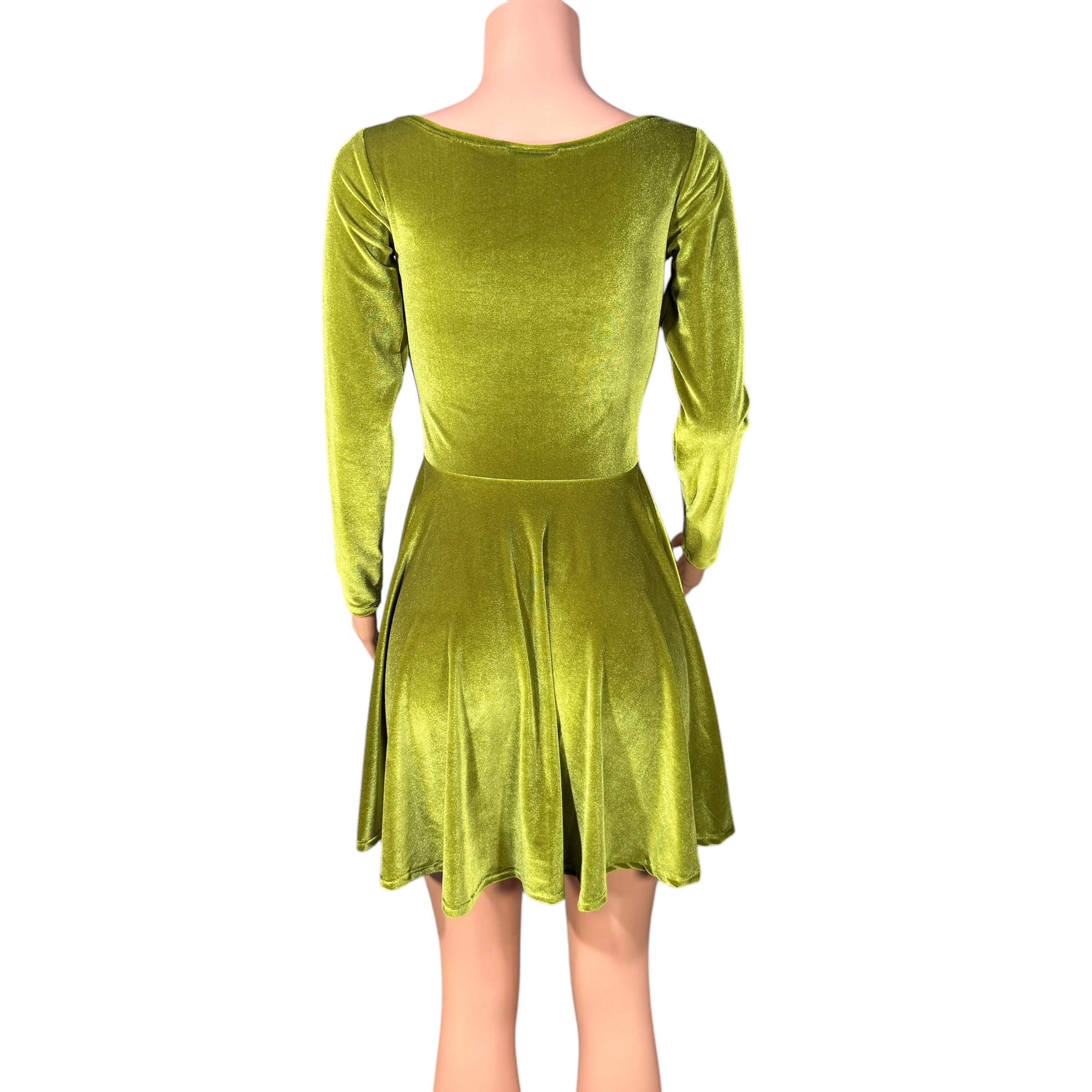Olive Green Velvet Long Sleeve Skater Fit N Flare Dress Medium Olive Green Velvet Long Sleeve Skater Fit N Flare Dress Medium