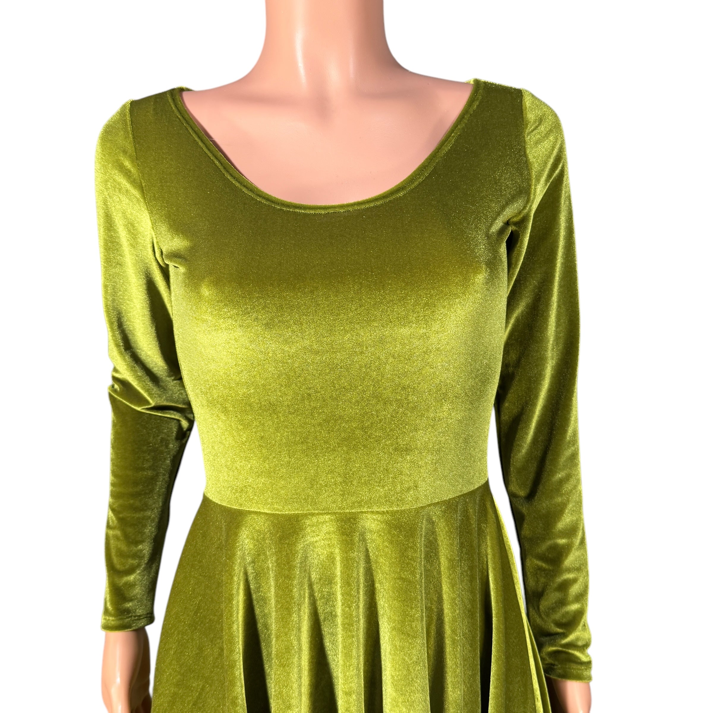 Olive Green Velvet Long Sleeve Skater fit n flare Dress Medium Olive Green Velvet Long Sleeve Skater fit n flare Dress Medium