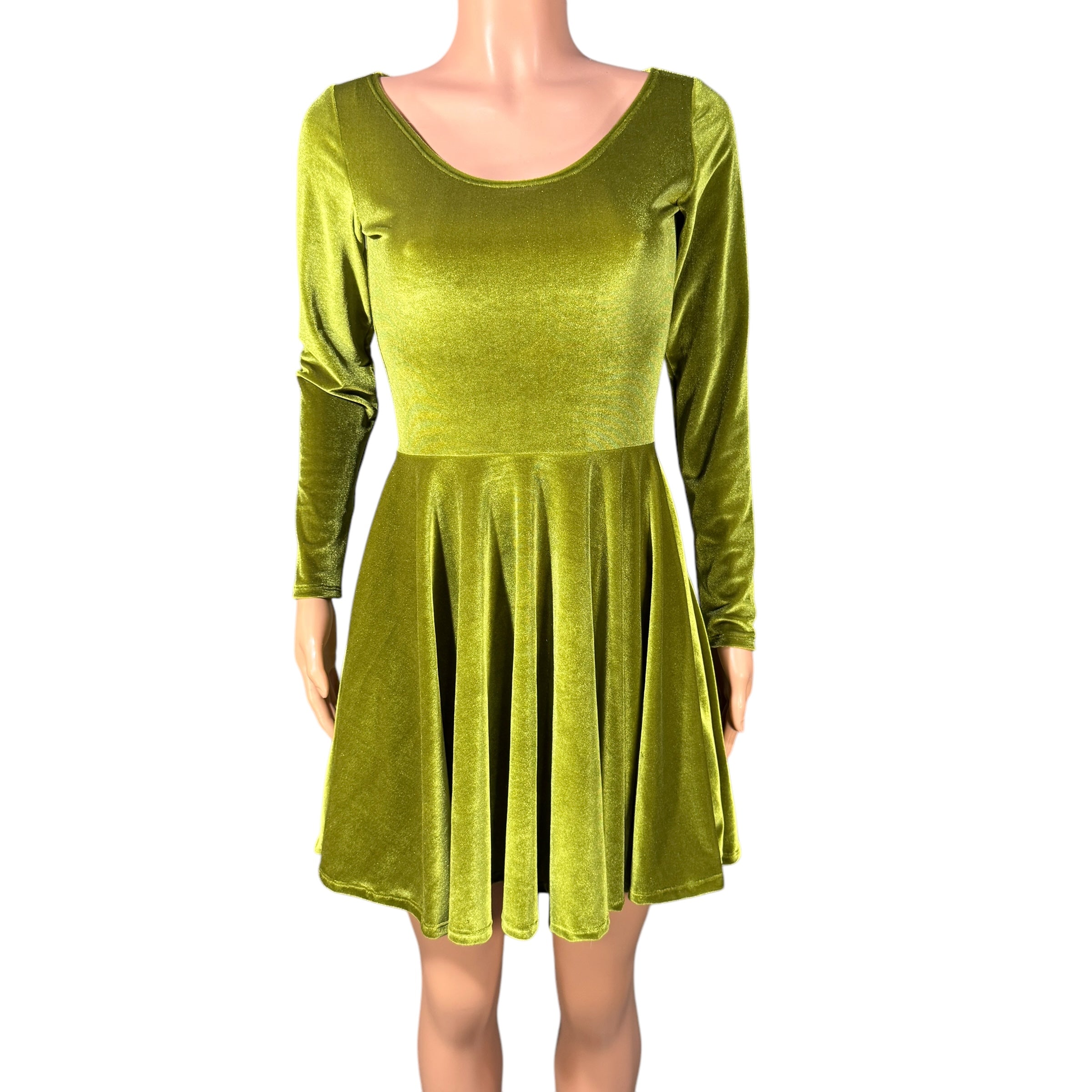 Olive Green Velvet Long Sleeve Skater fit n flare Dress Peridot Clothing Olive Green Velvet Long Sleeve Skater fit n flare Dress Peridot Clothing