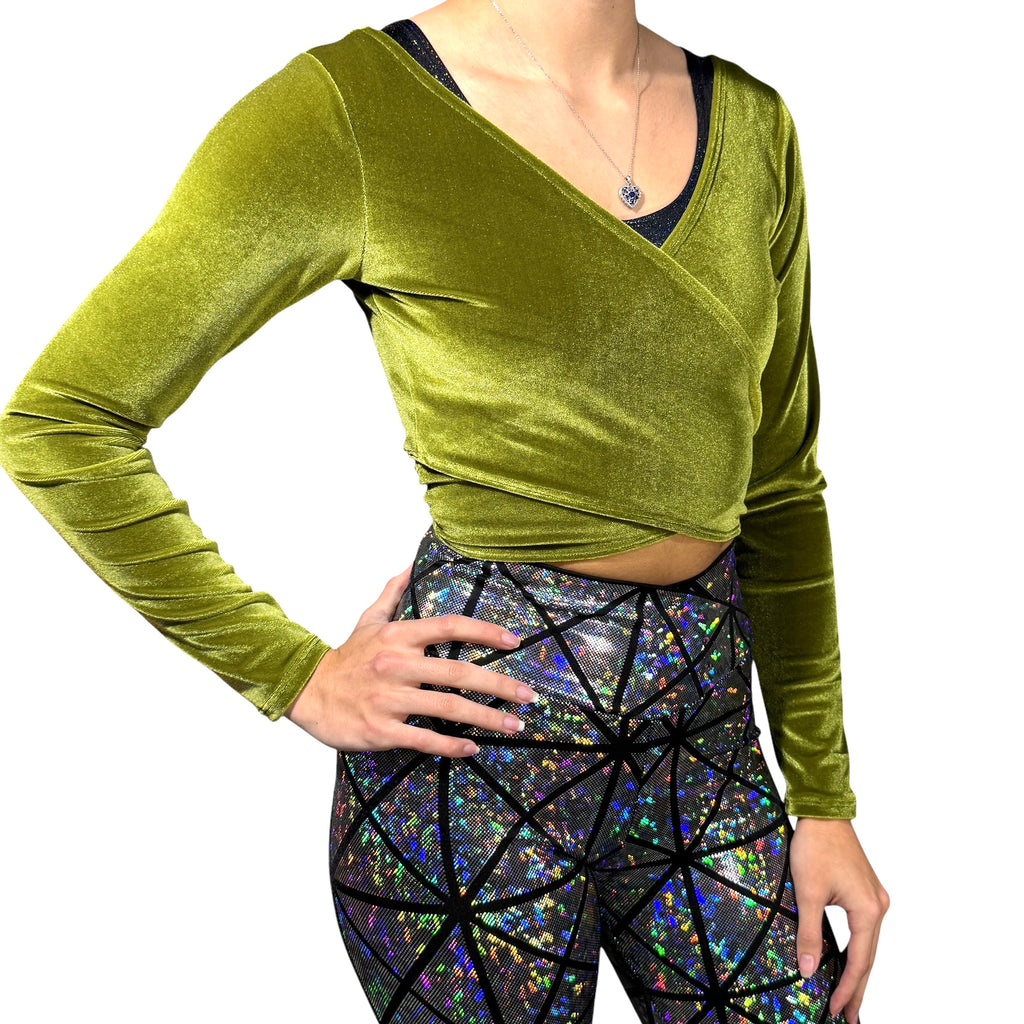 Long Sleeve Crop Wrap Top - Olive Green Velvet