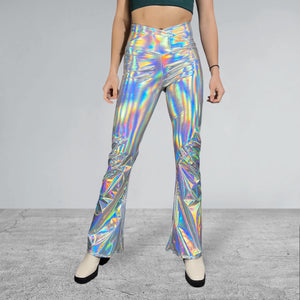 Crossover V-Waist Bootcut Flare Pants - Opal Holographic - Peridot Clothing