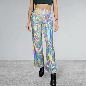 Opal Iridescent Holographic Wide Straight Leg Relaxed Fit Pants - Peridot Clothing