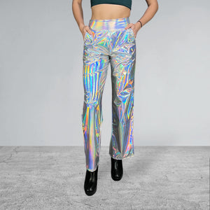 Opal Iridescent Holographic Wide Straight Leg Relaxed Fit Pants - Peridot Clothing