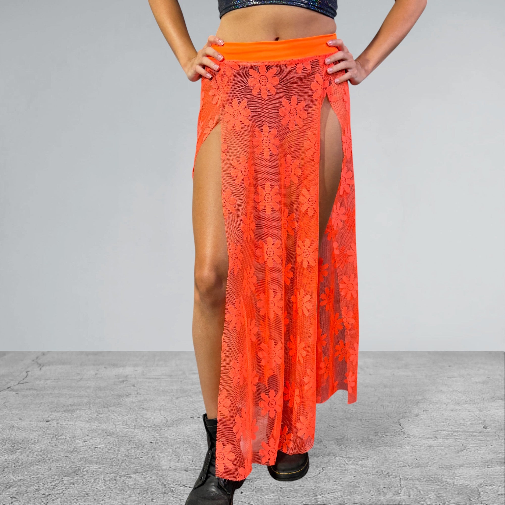 Daisy Mesh Maxi Duster Skirt Long Double Side Slit Skirt Sheer