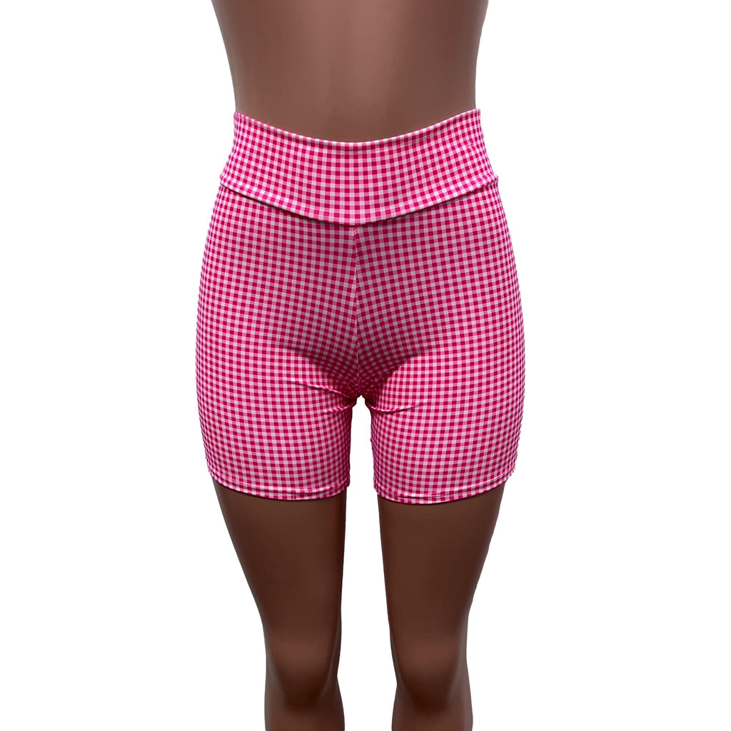 Biker Shorts in Pink Gingham Checkered Plaid Barbie Spandex - Choose Low, Mid, or High-Waist. - Peridot Clothing