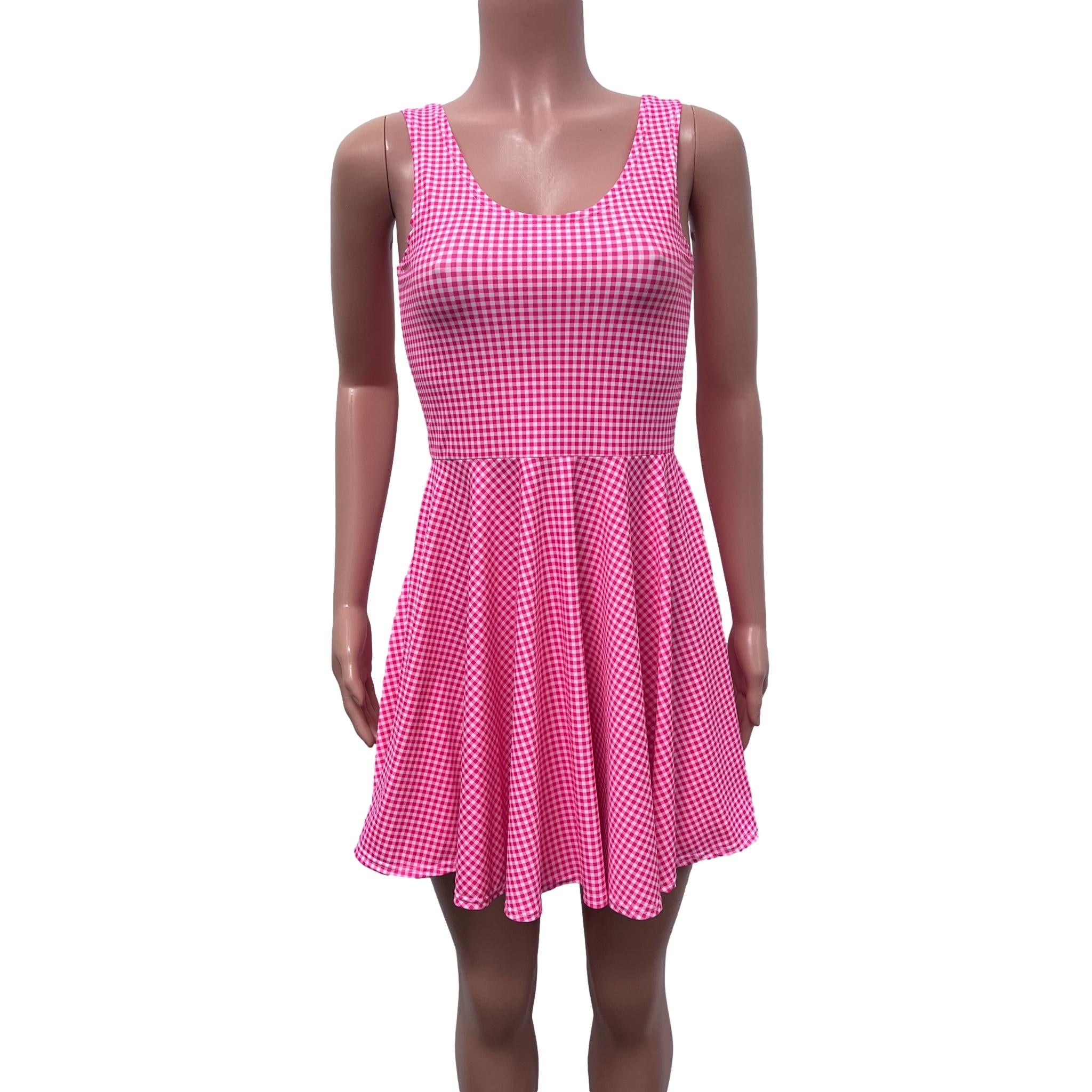 Pink Plaid Gingham Barbie Skater Dress | Pink Checkered Spandex Dress 3Xlarge Pink Plaid Gingham Barbie Skater Dress | Pink Checkered Spandex Dress 3Xlarge