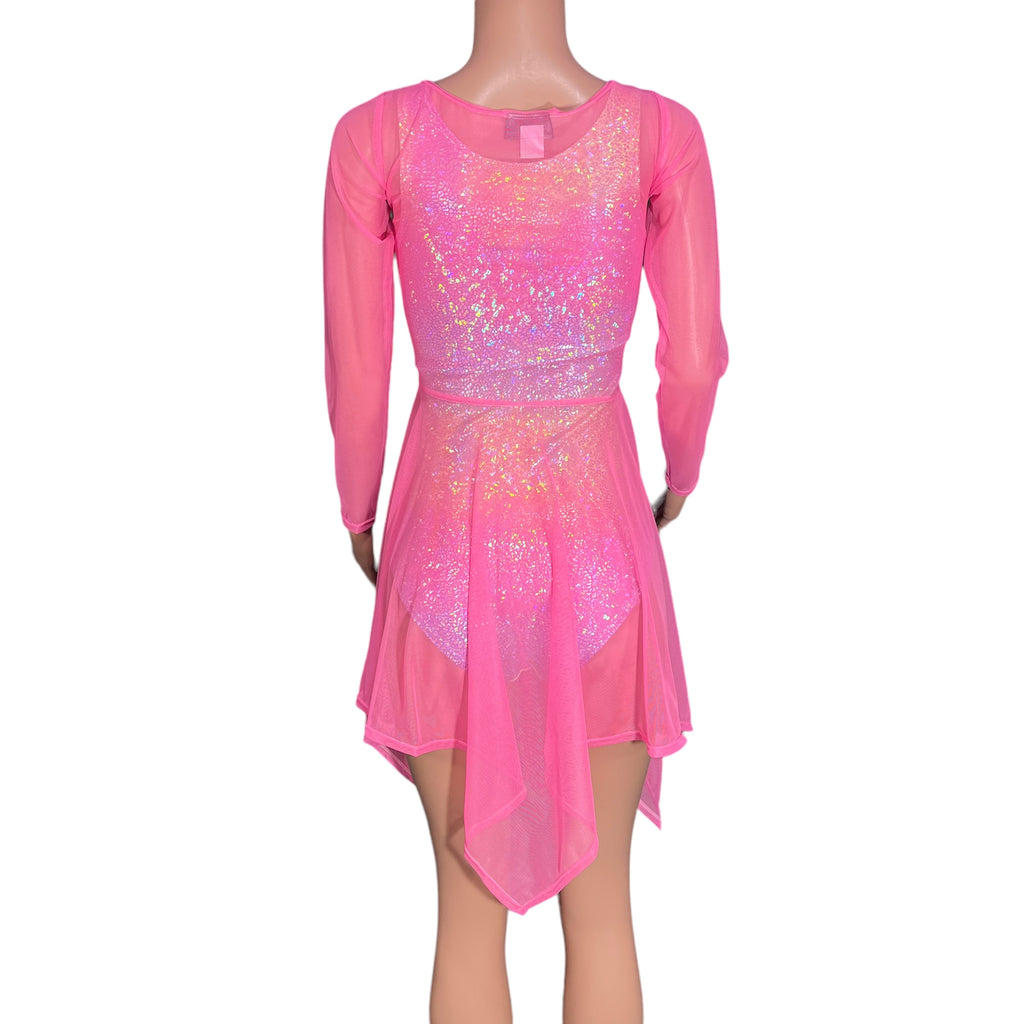 Pink Mesh Long Sleeve Lace-Up Open-Front Asymmetrical Dress - Sheer Rave Dress