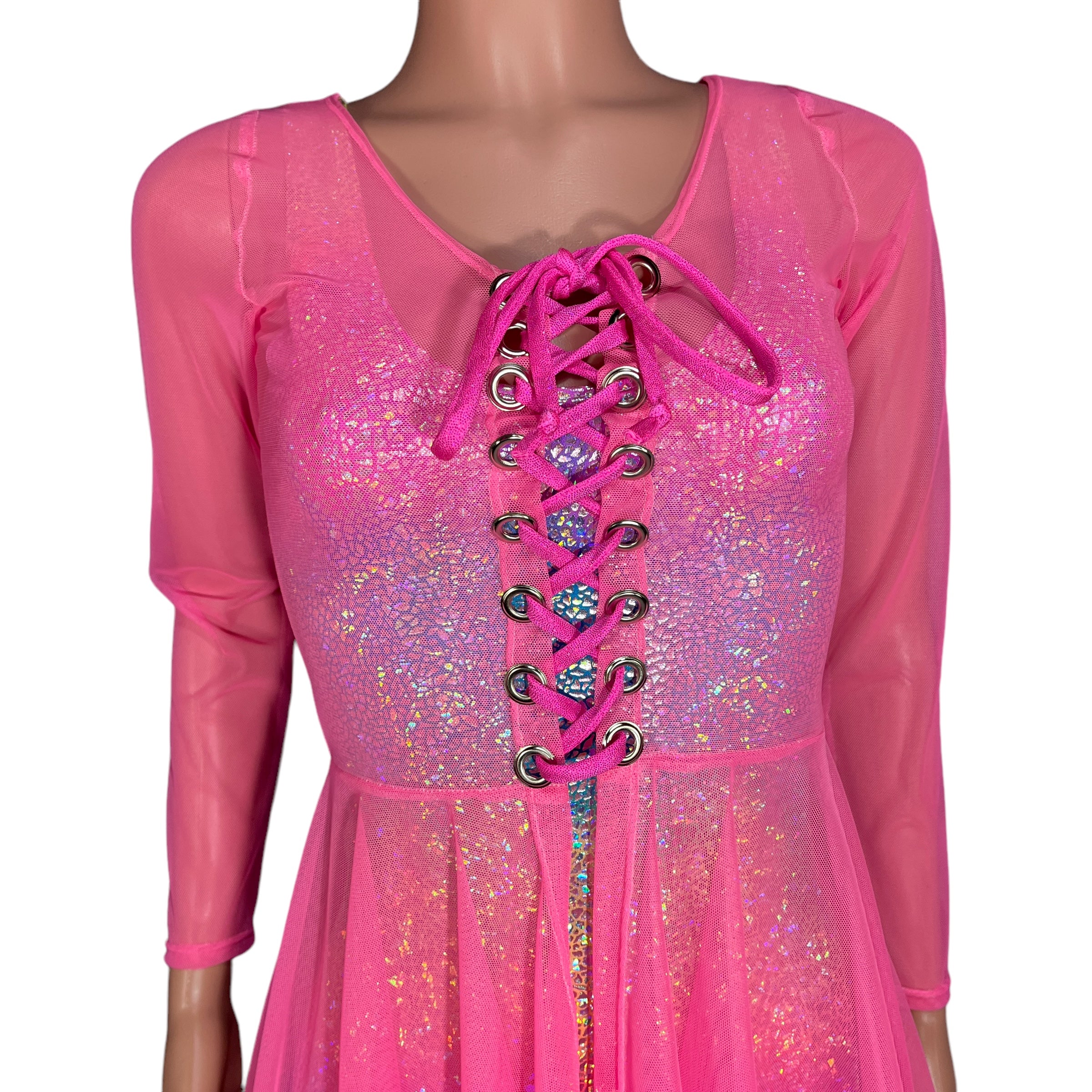 Pink Mesh Long Sleeve Lace-Up Open-Front Asymmetrical Dress - Sheer Rave Dress Medium (8-10) Pink Mesh Long Sleeve Lace-Up Open-Front Asymmetrical Dress - Sheer Rave Dress Medium (8-10)