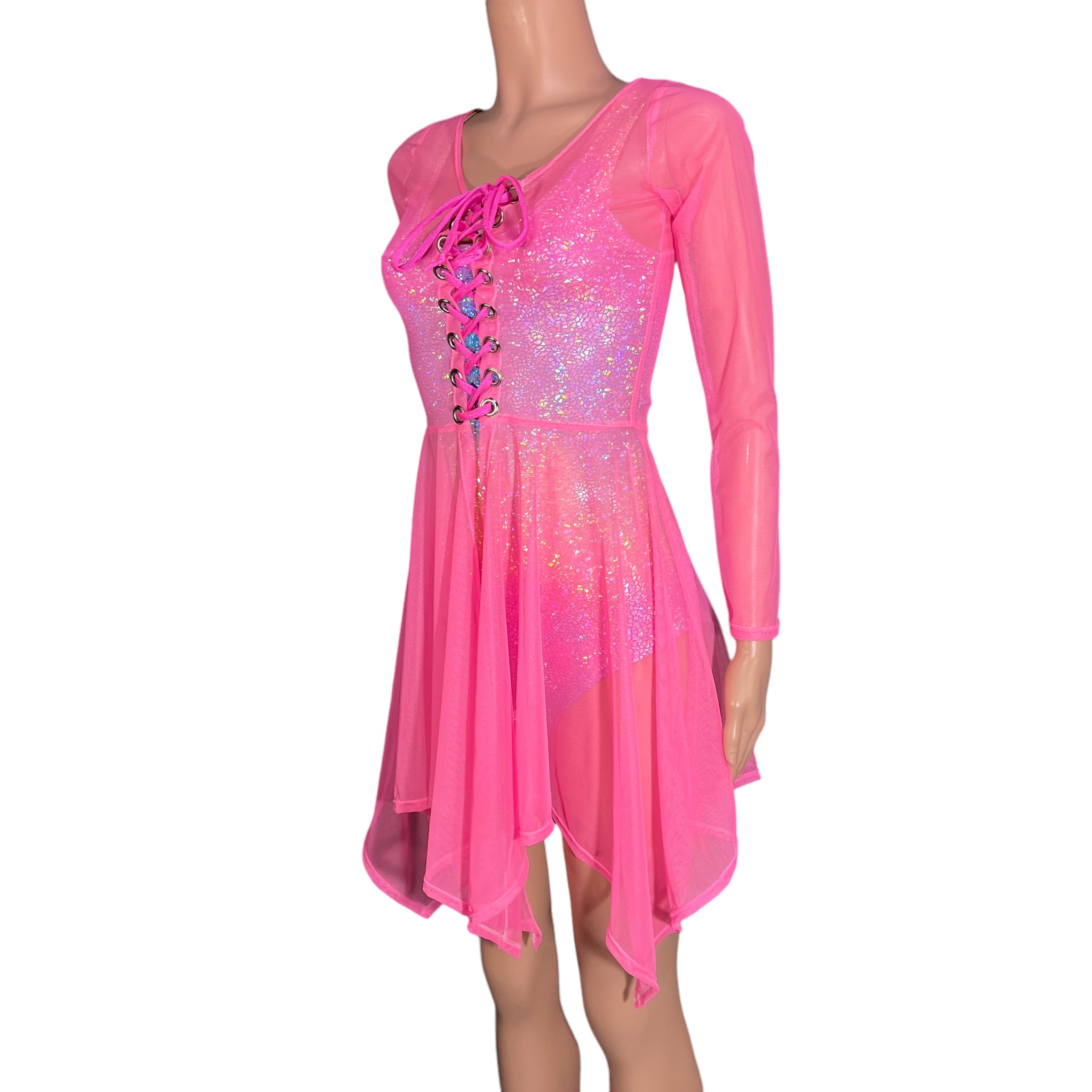 Pink Mesh Long Sleeve Lace-Up Open-Front Asymmetrical Dress - Sheer Rave Dress Large (12-14) Pink Mesh Long Sleeve Lace-Up Open-Front Asymmetrical Dress - Sheer Rave Dress Large (12-14)