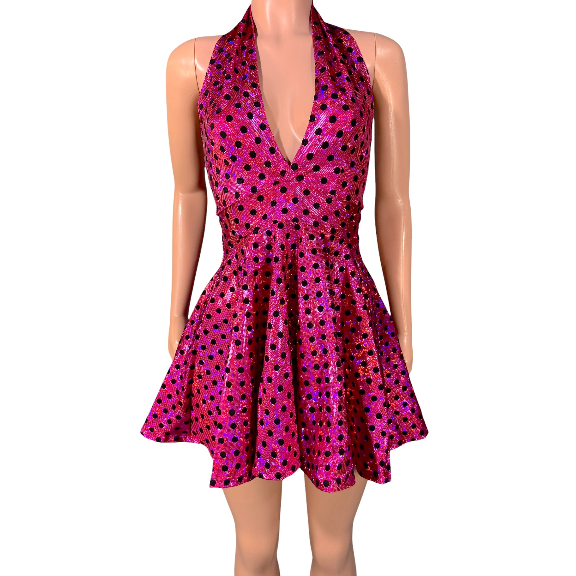 Marilyn Halter Skater Fit N Flare Dress in Pink & Black Polka Dot Holo XLarge Marilyn Halter Skater Fit N Flare Dress in Pink & Black Polka Dot Holo XLarge