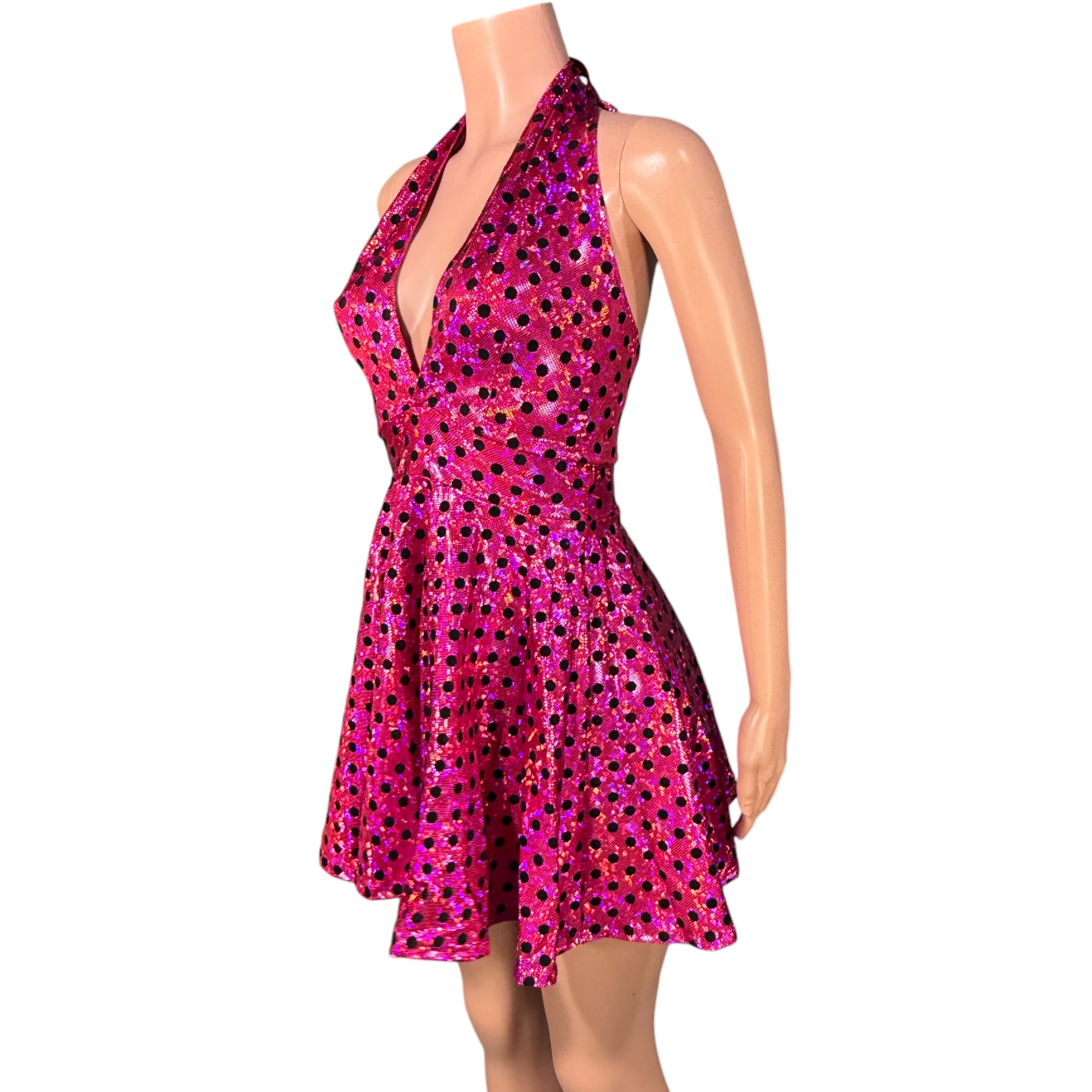 Marilyn Halter Skater fit n flare Dress in Pink & Black Polka Dot Holo XLarge Marilyn Halter Skater fit n flare Dress in Pink & Black Polka Dot Holo XLarge